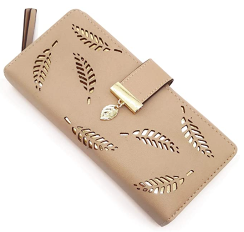 Women Elegant Leaf Bifold Wallet - Tan