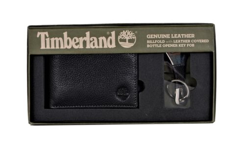 Timberland Mens Leather Bifold Wallet with Leather Covered Bottle Opener Key FOB