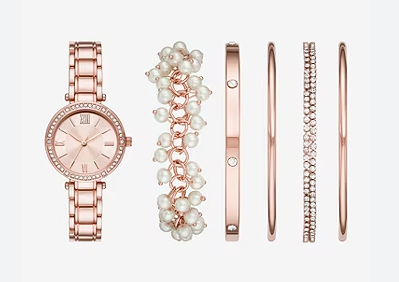 Ladies Crystal & Pearl Accent Rose Goldtone 6-pc. Watch Set
