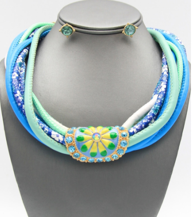 Floral Braided Cord Necklace Blue