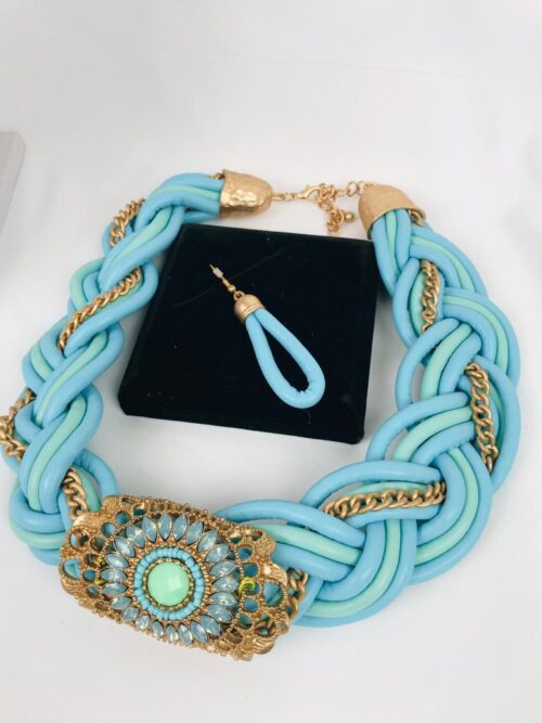 Faux Leather Statement Braided Pendant Necklace Set - Blue