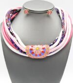 Multi Strand Faux Leather Enamel Pendnat Necklace Set 6.75