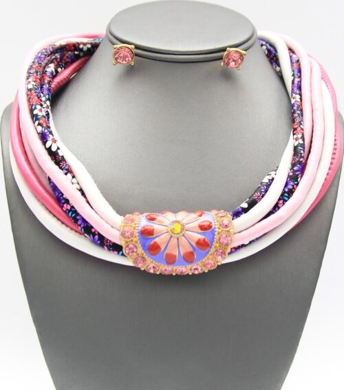 Multi Strand Faux Leather Enamel Pendant Necklace Set Pink