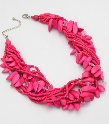 Multi-Strand Natural Wood Beaded Braided Necklace