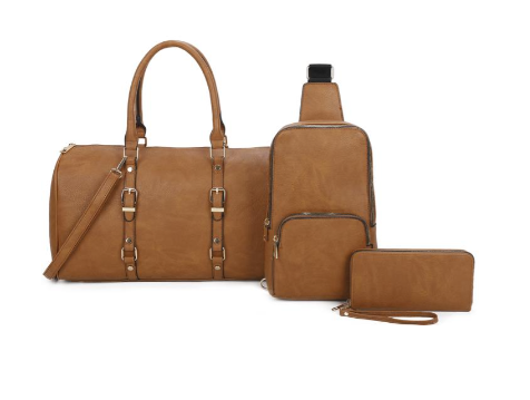 3-IN-1 Plain Double Buckle Duffel Bag with Backpack and Wallet Set