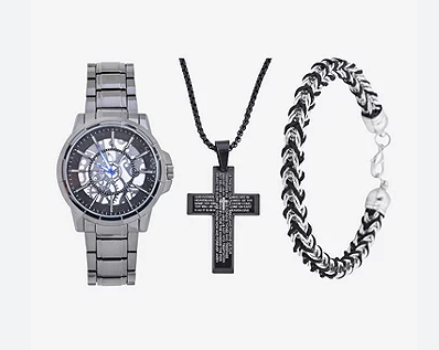 Mens 3-pc. Watch Set with Prayer Necklace